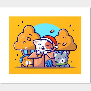 Happy Cute Cats in Box Autumn Cartoon Vector Icon Illustration Posters and Art